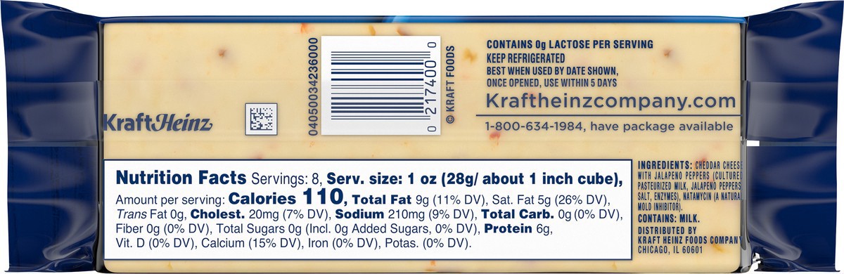 slide 16 of 16, Kraft Jalapeno Cheddar Cheese with Hot Jalapeno Peppers, 8 oz Block, 8 oz