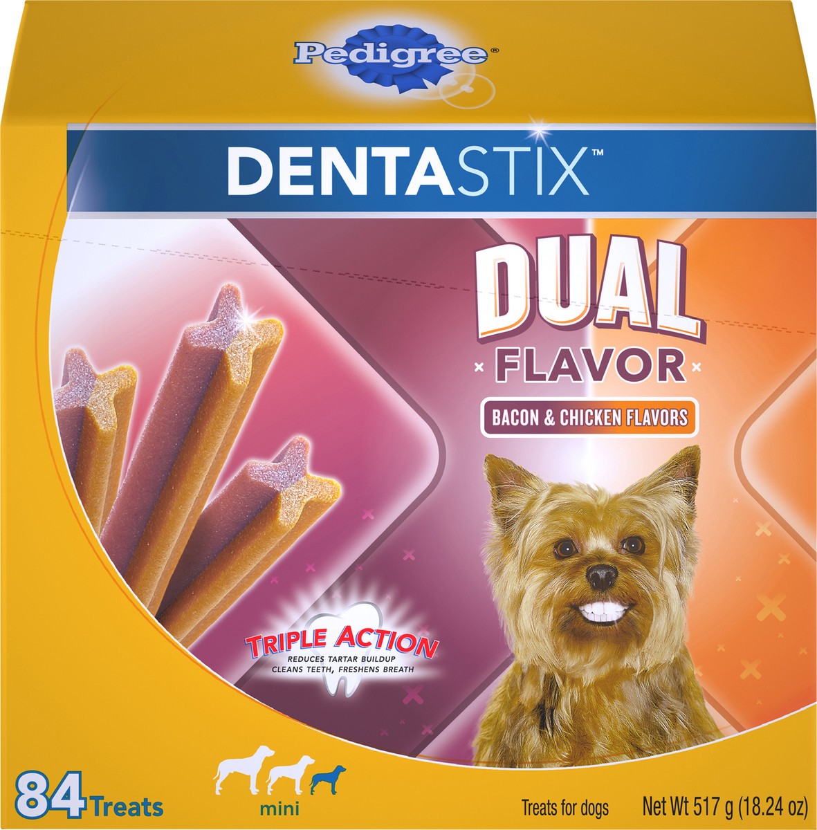 slide 5 of 10, Pedigree Dentastix Dual Flavor Bacon & Chicken Flavors Mini Treats for Dogs 18.24 oz. Box, 18.24 oz