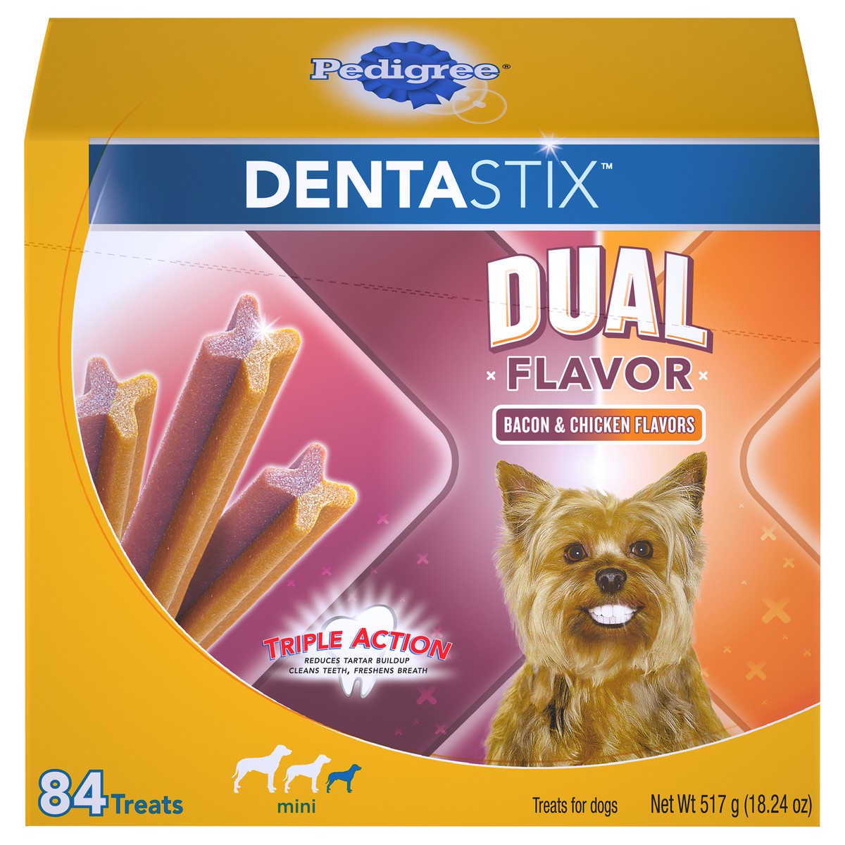 slide 6 of 10, Pedigree Dentastix Dual Flavor Bacon & Chicken Flavors Mini Treats for Dogs 18.24 oz. Box, 18.24 oz