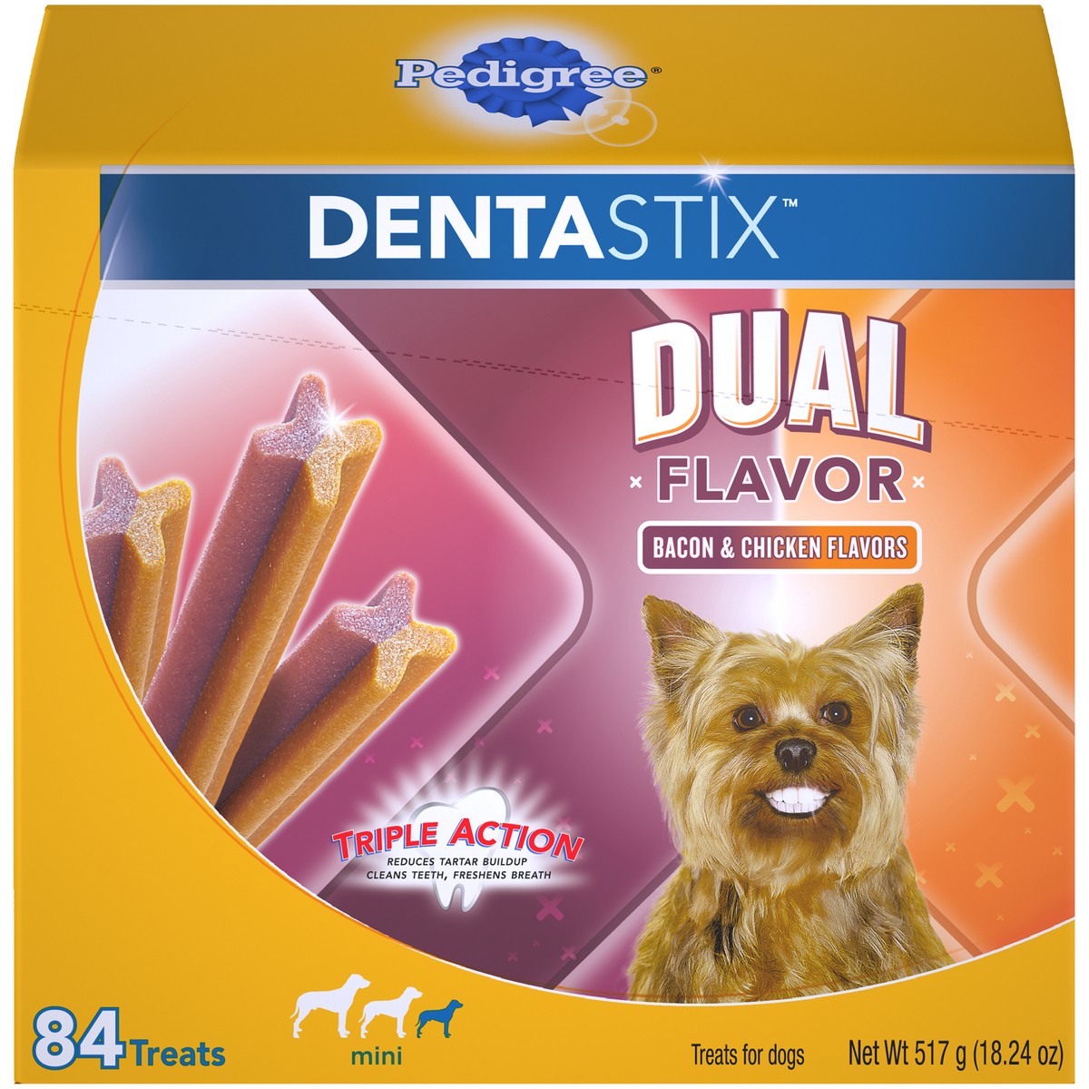 slide 1 of 10, Pedigree Dentastix Dual Flavor Bacon & Chicken Flavors Mini Treats for Dogs 18.24 oz. Box, 18.24 oz