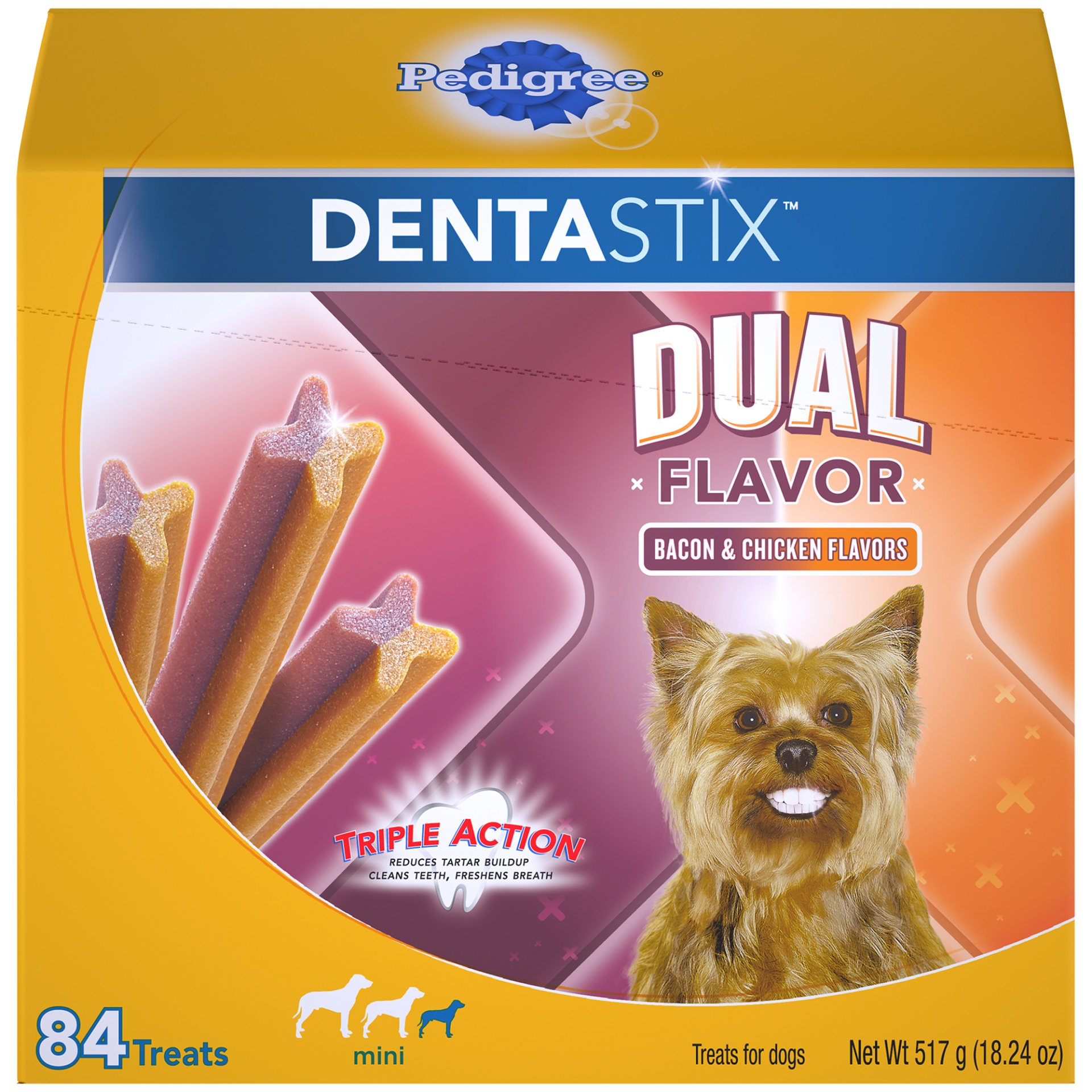 slide 1 of 1, PEDIGREE DENTASTIX Dual Flavor Small Dog Dental Treats, Bacon & Chicken Flavors Dental Bones, 18.24 Oz