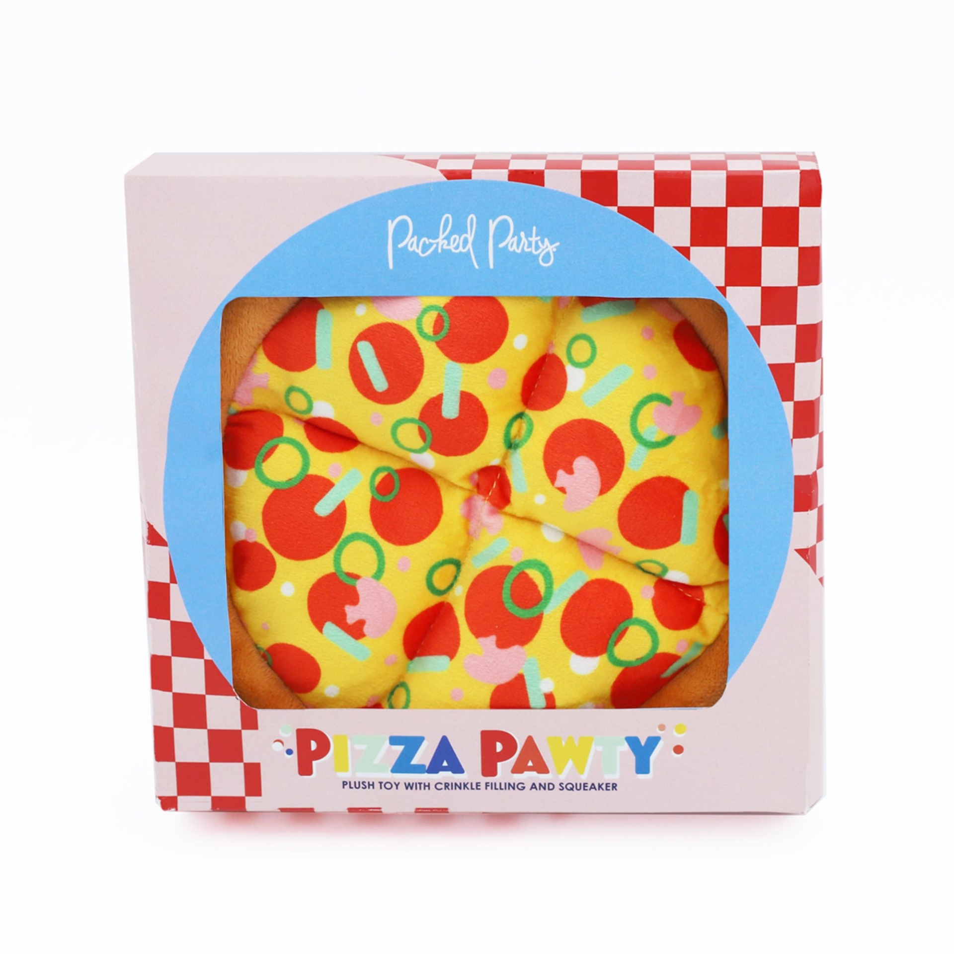 slide 1 of 1, Packed Party Pizza Pawty Dog Toy - Plush, Squeaker, Crinkle, 1 ct
