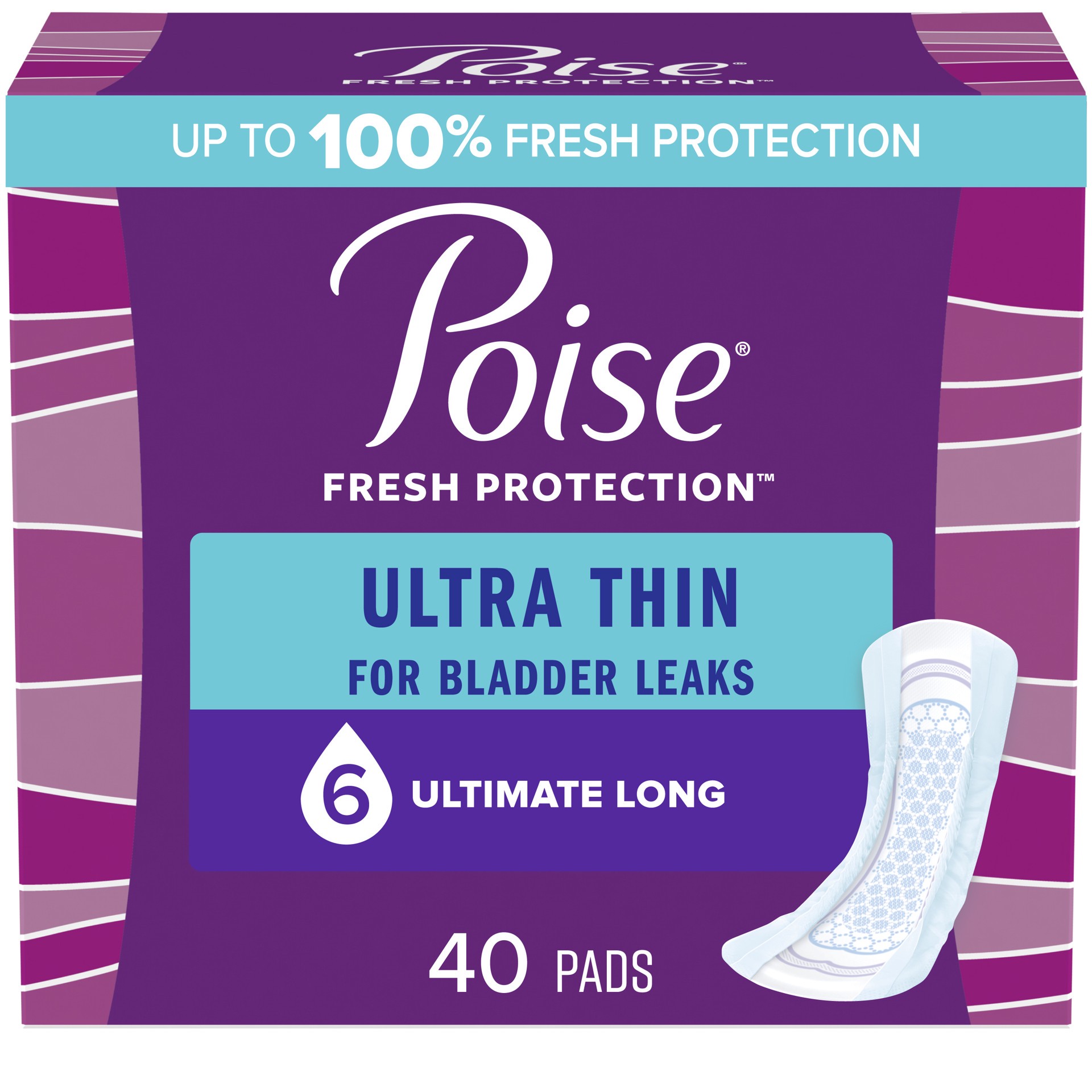 slide 1 of 5, Poise Ultra Thin Incontinence Pads & Postpartum Incontinence Pads, 6 Drop Ultimate Absorbency, Long Length, 40 Count, 40 ct