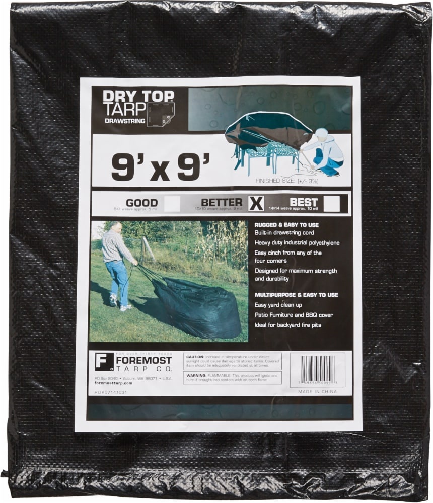 slide 1 of 1, Foremost Tarp Co. Dry Top Drawstring Tarp - Black, 9 ft x 9 ft