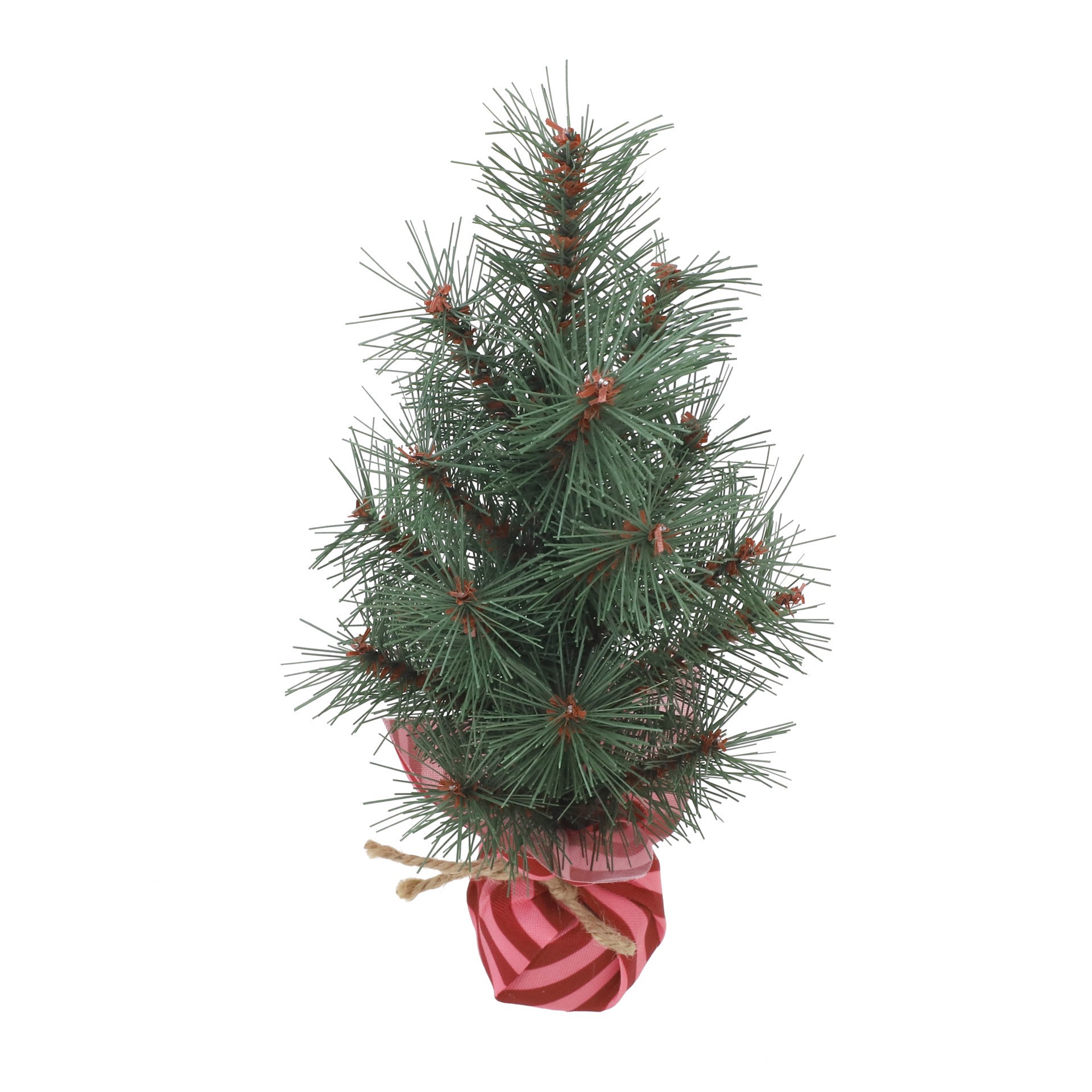 slide 2 of 3, 12" Green Pine Accent Tree In Red & Pink Striped Fabric Base By Ashland, 6 in x 6 in x 12 in