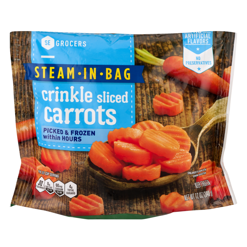 slide 1 of 1, SE Grocers Steam-In-Bag Crinkle Sliced Carrots, 12 oz