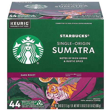 slide 1 of 1, Starbucks K Cups Dark Roast Ground Sumatra Coffee 44ct Coffee Pods 17.8oz Box - 44 CT, 44 ct