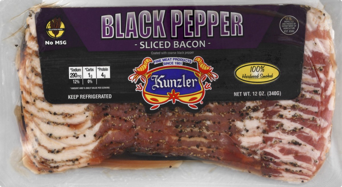 slide 3 of 12, Kunzler Sliced Black Pepper Bacon 12 oz, per lb