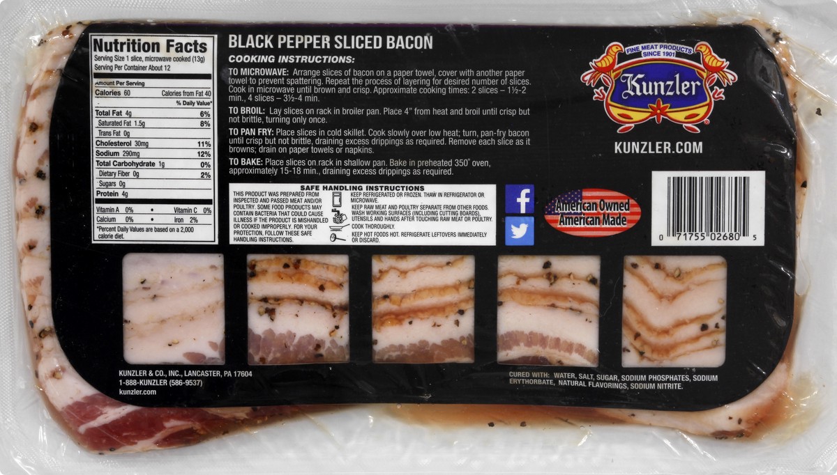 slide 8 of 12, Kunzler Sliced Black Pepper Bacon 12 oz, per lb