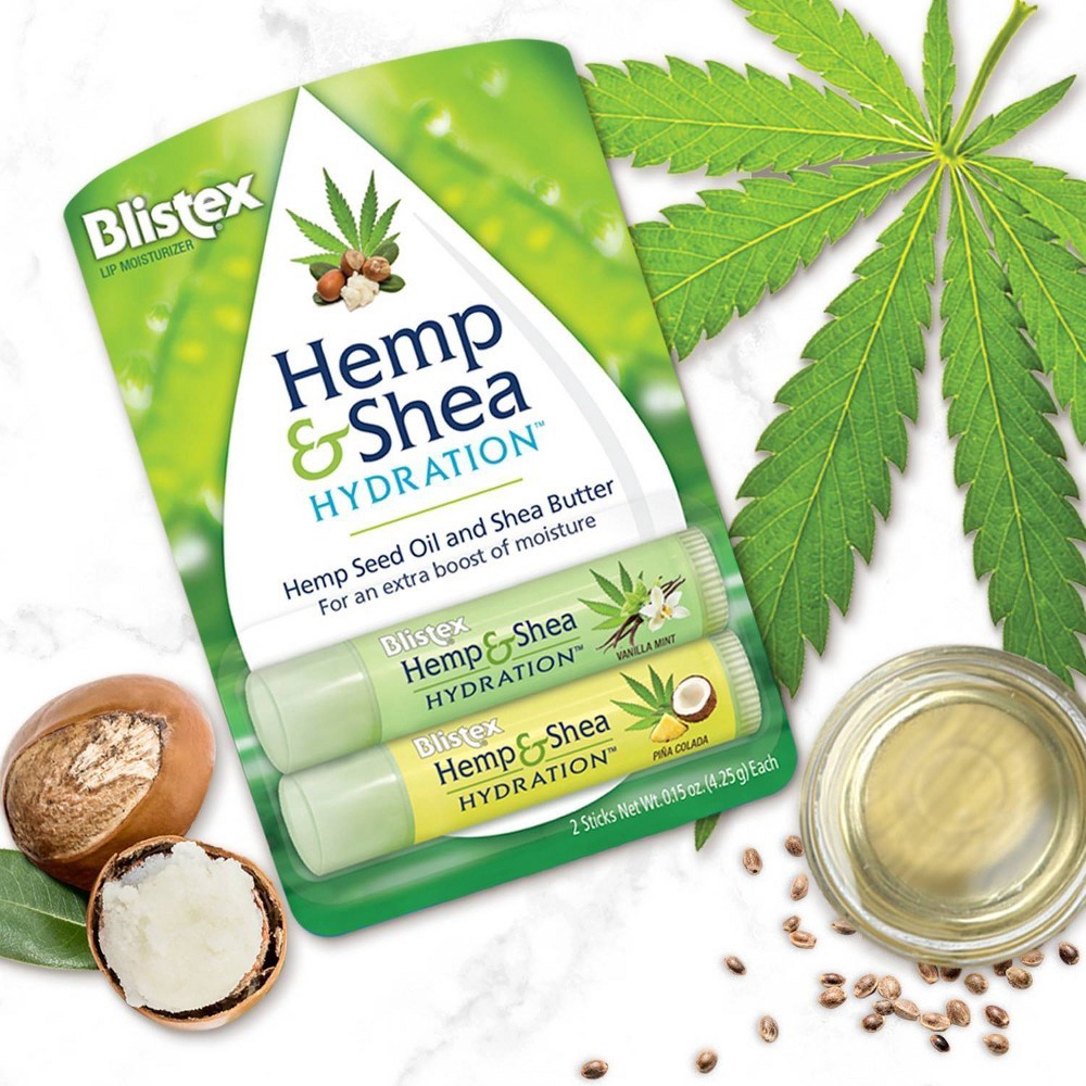 slide 6 of 6, Blistex Hemp & Shea Hydration Vanilla Mint And Pina Colada Lip Moisturizer Sticks, 0.3 oz