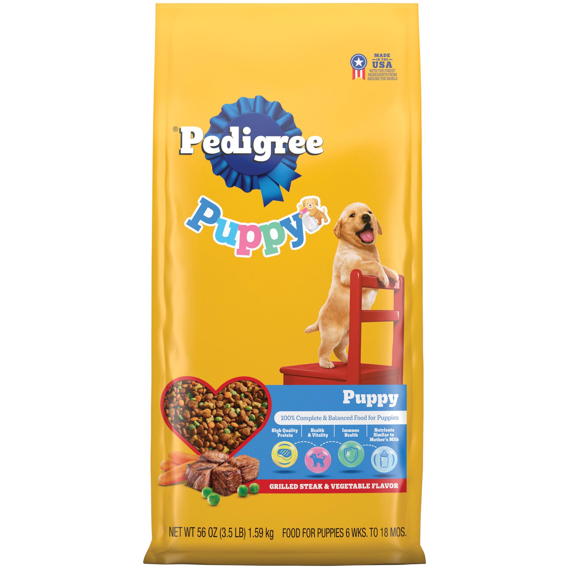 slide 1 of 9, Pedigree 6 Wks. to 18 Mos. Puppy Grilled Steak & Vegetable Flavor Food for Puppies 56 oz, 1 ct