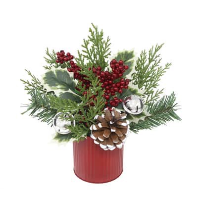 slide 1 of 3, 10.5" Green Pine, Red Berry & Silver Bell Arrangement With Pine Cones In Red Metal Pot By Ashland, 10.5 in