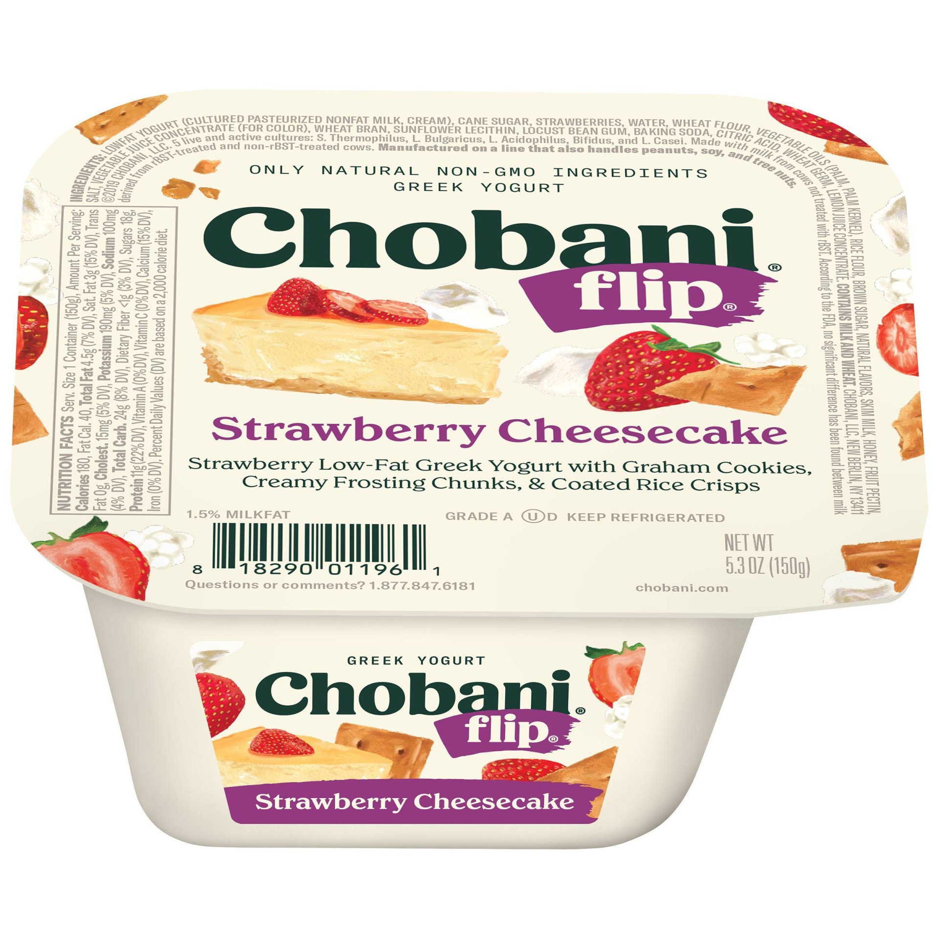 slide 1 of 8, Chobani Flip Strawberry Cheesecake Low-Fat Greek Yogurt, 5.3 oz