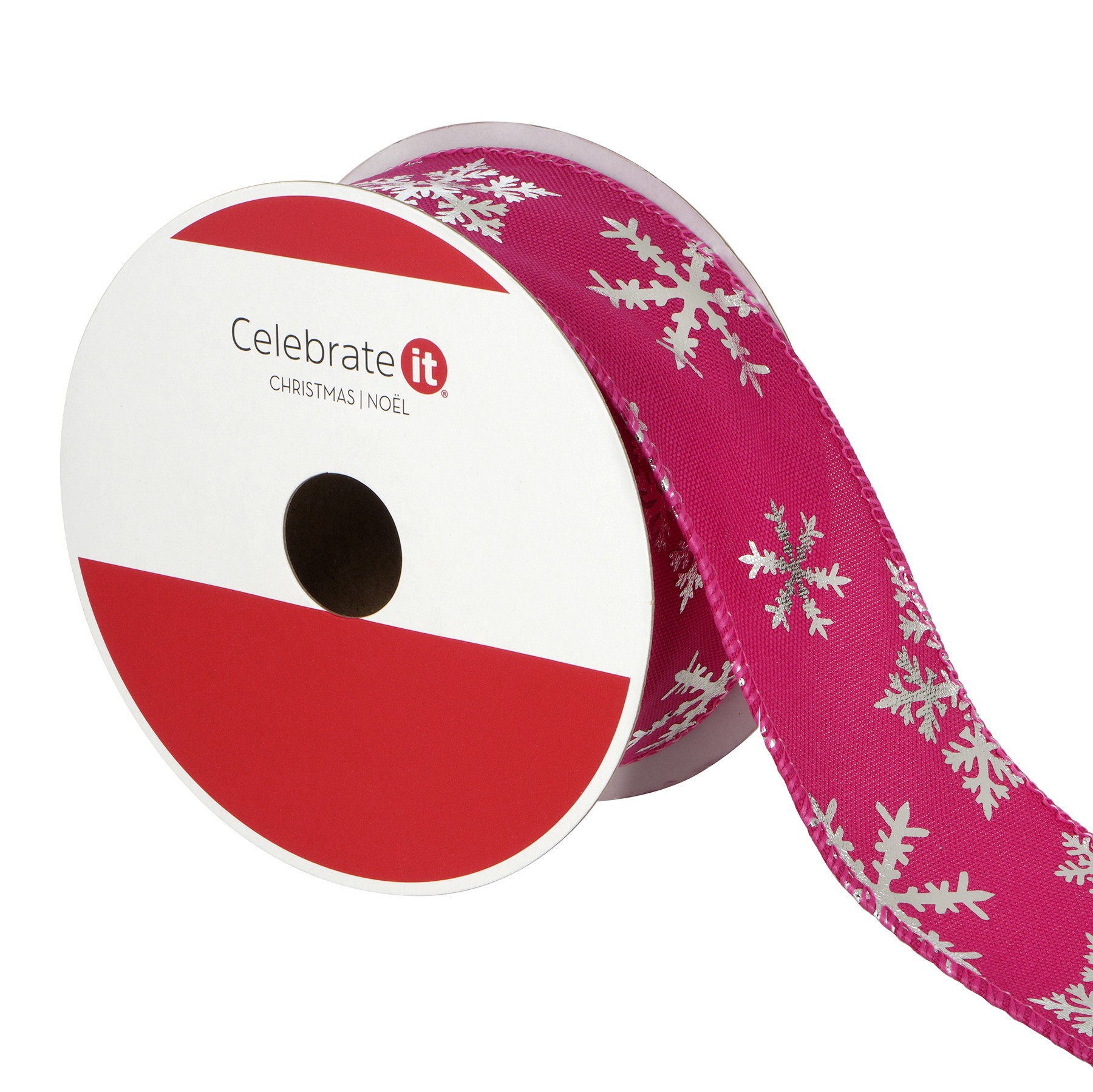 slide 2 of 3, 1.5" X 30ft. Hot Pink & Silver Snowflakes Wired Ribbon By Celebrate It, 1.5 in x 30 ft