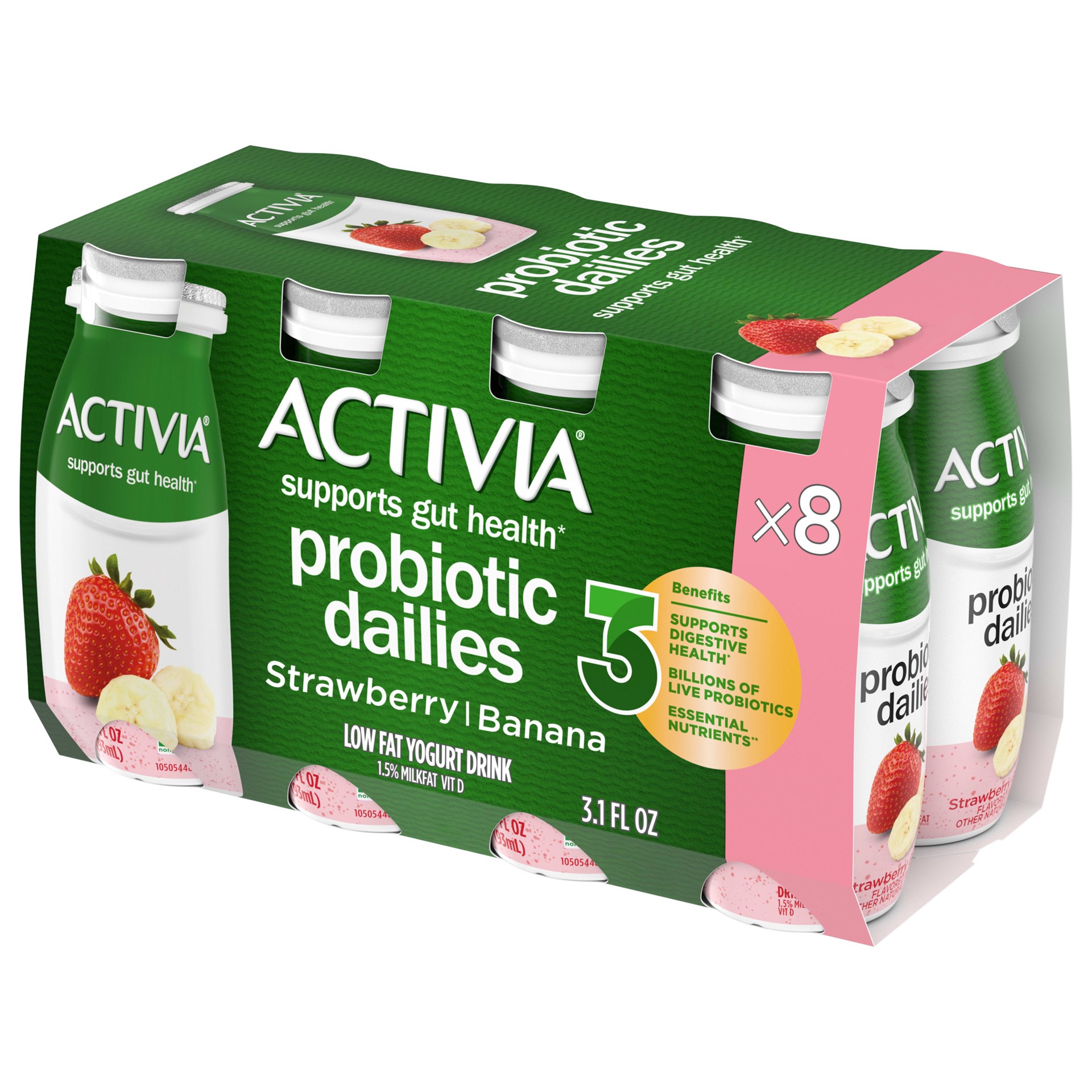 slide 1 of 5, Activia Probiotic Dailies Strawberry Banana Lowfat Yogurt Drinks, Delicious Daily Probiotic Yogurt Drinks to Help Support Gut Health, 8 Ct, 3.1 FL OZ, 8 ct; 3.10 fl oz