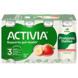 Activia Probiotic Dailies Strawberry Banana Low Fat Yogurt Drinks, Delicious Daily Probiotic Yogurt Drinks to Help Support Gut Health, 3.1 fl oz, 8 Count