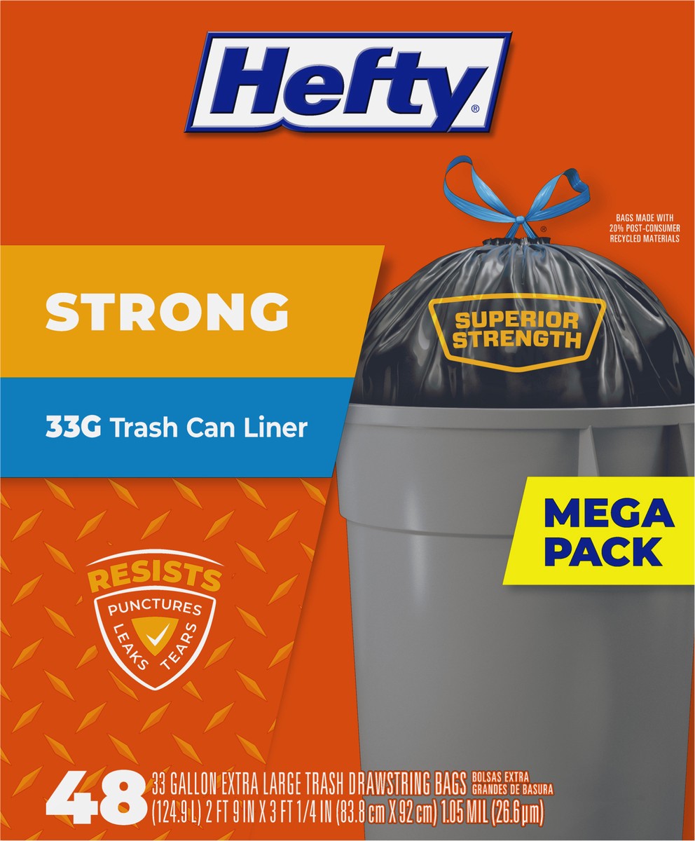 slide 9 of 9, Hefty Strong Mega Pack 33 Gallon Extra Large Drawstring Trash Bags Mega pack. 48 ea, 48 ct