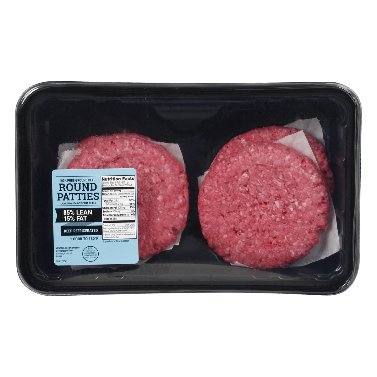 slide 1 of 3, JBS 85%/15% Round Patties 1 ea, per lb