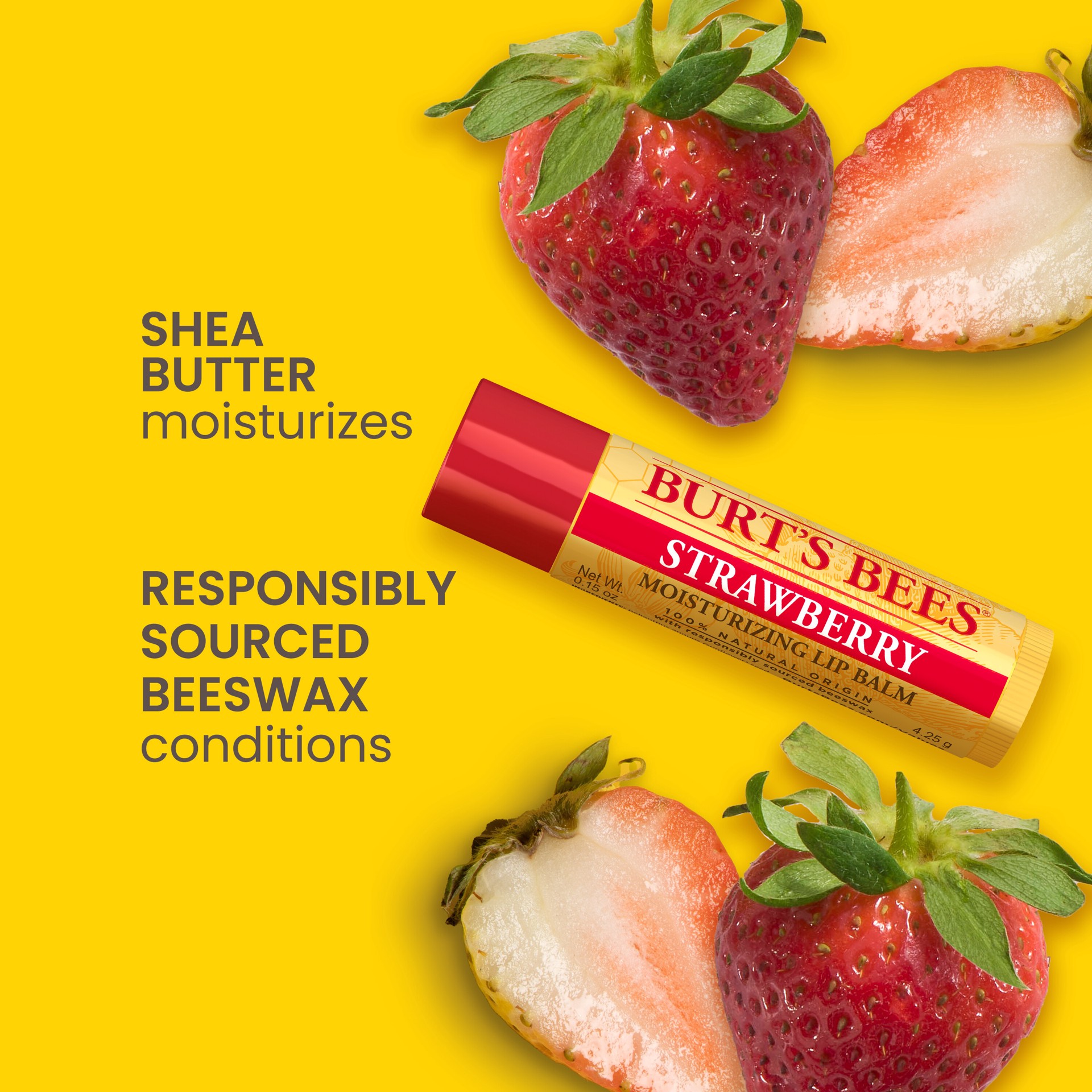 slide 3 of 5, Burt's Bees 100% Natural Origin Moisturizing Lip Balm, Strawberry with Beeswax & Fruit Extracts, 1 Tube, 0.15 oz