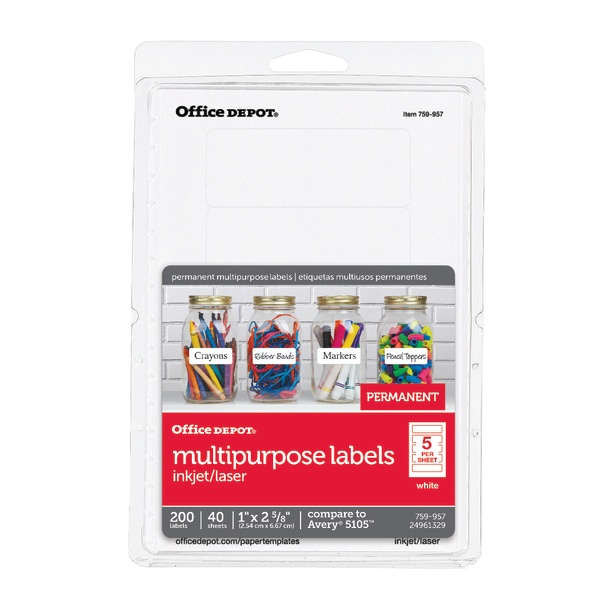 slide 1 of 2, Office Depot Brand Print-Or-Write Permanent Inkjet/Laser Rectangular Labels, Od98798, 1'' X 2 5/8'', White, Pack Of 200, 200 ct