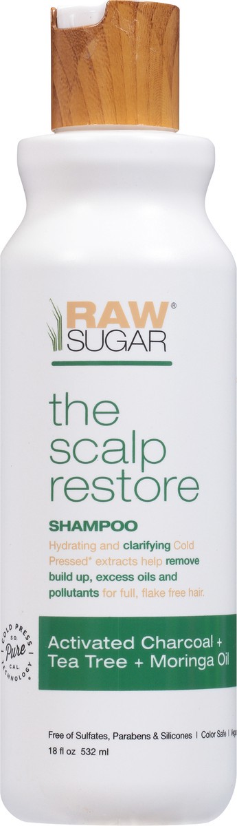 slide 6 of 9, Raw Sugar The Scalp Restore Shampoo - Activated Charcoal + Tea Tree + Moringa Oil, 18 fl oz