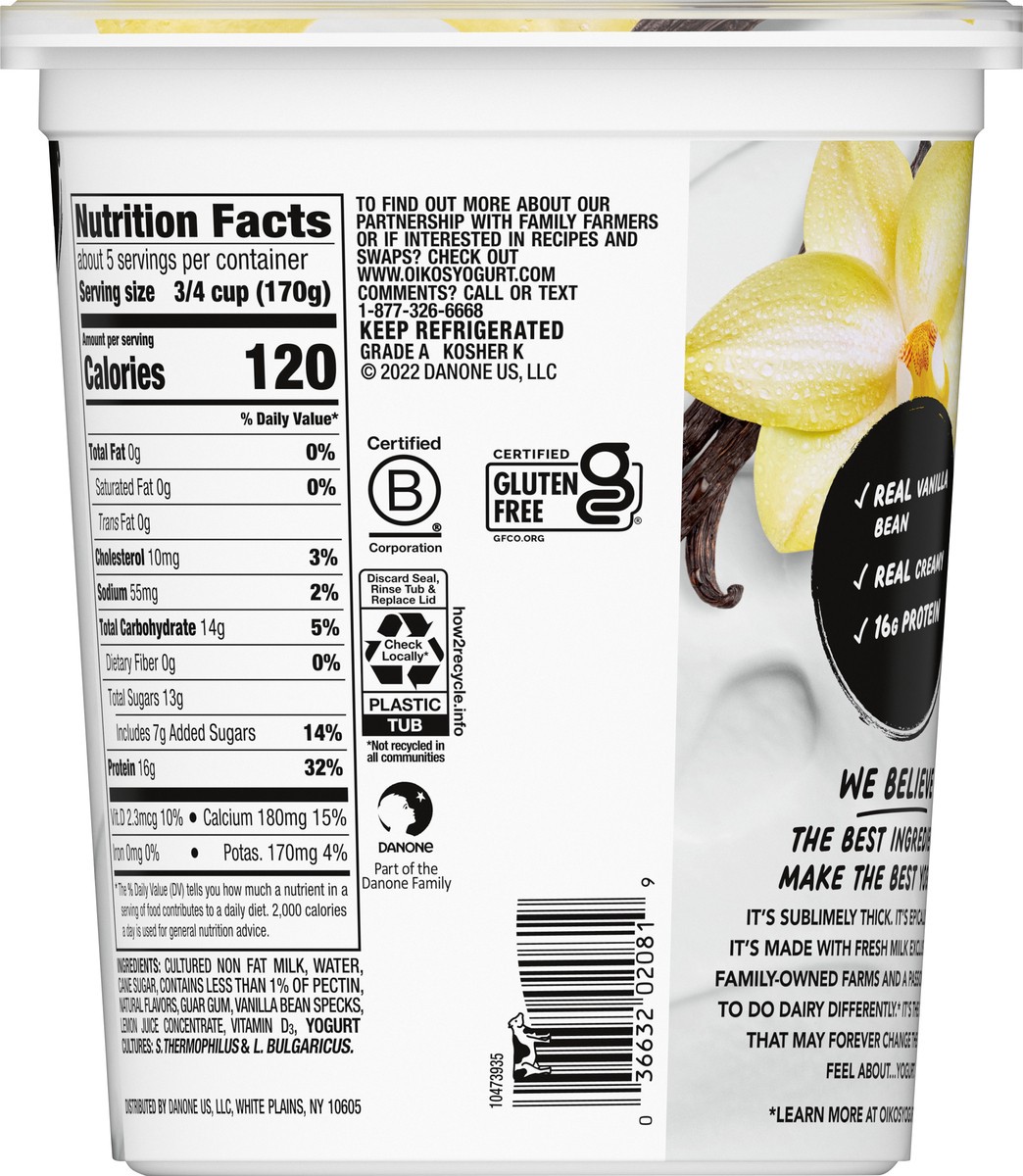 slide 9 of 9, Oikos Blended Vanilla Bean Flavored Greek Nonfat Yogurt, 32 oz., 32 oz
