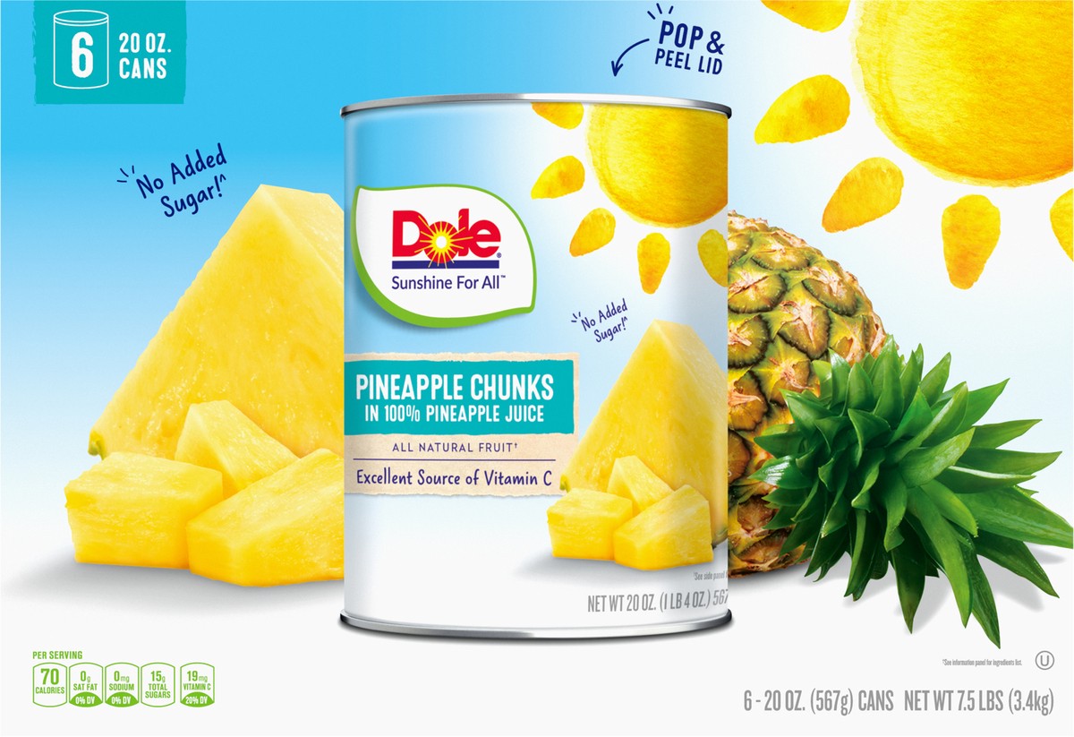 slide 8 of 14, Dole Pineapple Chunks in 100% Pineapple Juice 6-20 oz. Cans, 6 ct