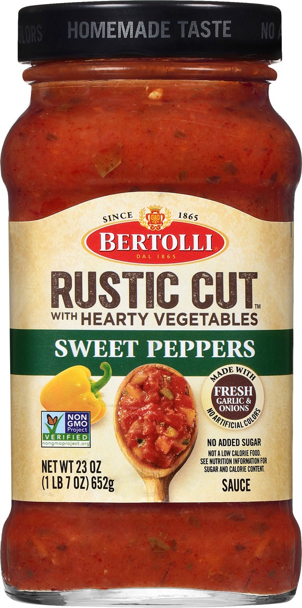 slide 1 of 9, Bertolli Made with hearty vegetables, chopped tomatoes, juicy sweet peppers, garlic, and onion, this Bertolli Rustic Cut pasta sauce is perfect for creating homemade Italian meals., 23 oz