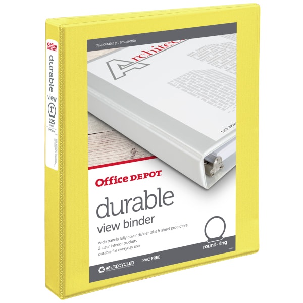 slide 1 of 1, Office Depot Brand Durable View Round-Ring Binder, 1'' Rings, Yellow, 1 in