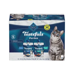 Blue Buffalo Tastefuls Adult Cat Natural Purées Variety Pack, Chicken & Tuna 3-oz Resealable Twist Cap Pouches (12 Count)