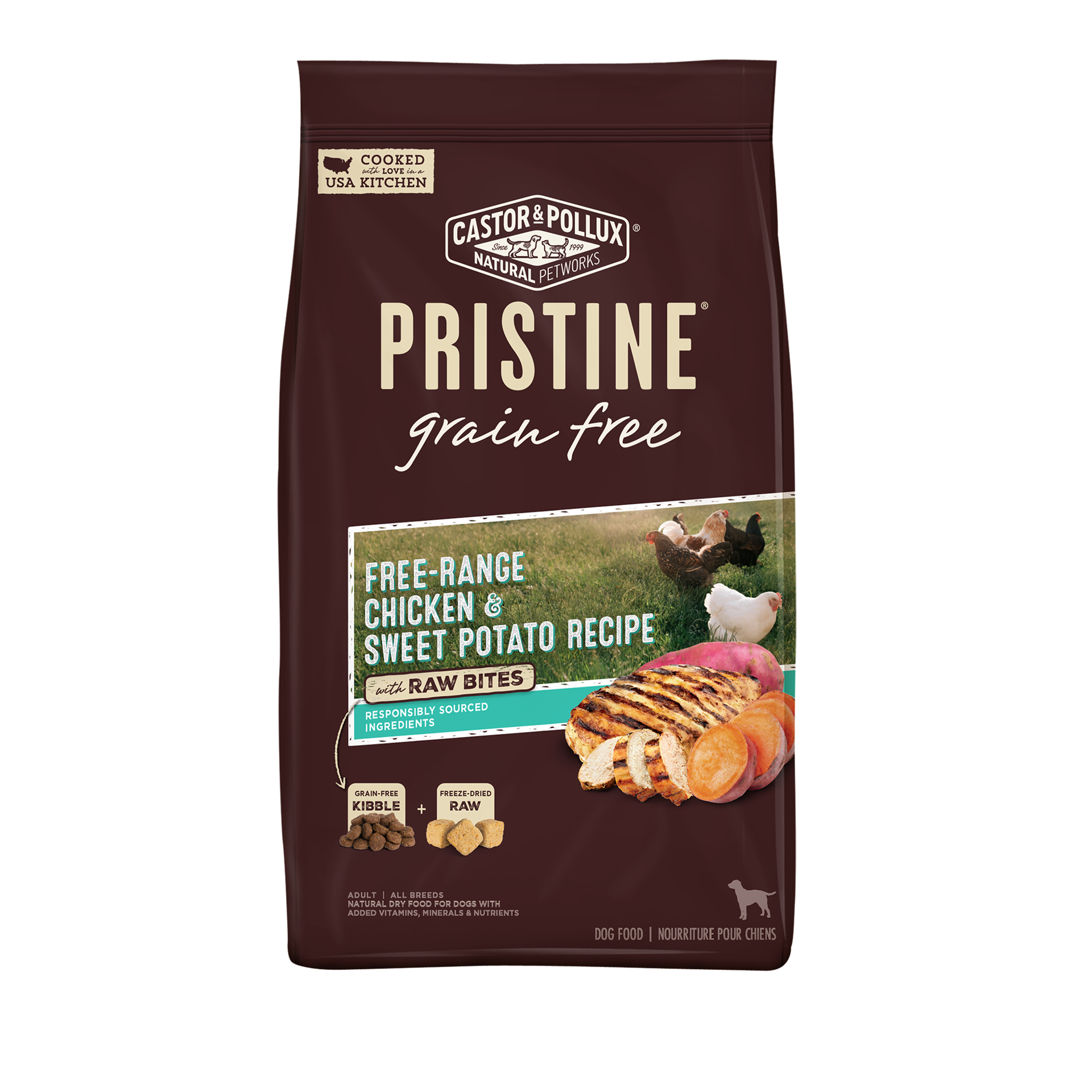 slide 1 of 3, Castor & Pollux PRISTINE Grain Free Dry Dog Food Free-Range Chicken & Sweet Potato Recipe with Raw Bites - 10 lb Bag, 10 lb