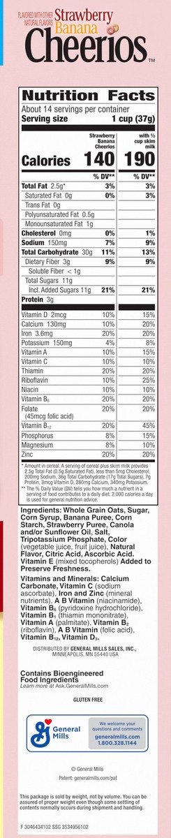 slide 6 of 13, Cheerios Strawberry Banana Cheerios, Heart Healthy Gluten Free Breakfast Cereal, Made with Whole Grain Oats, Family Size, 19 oz, 19 oz