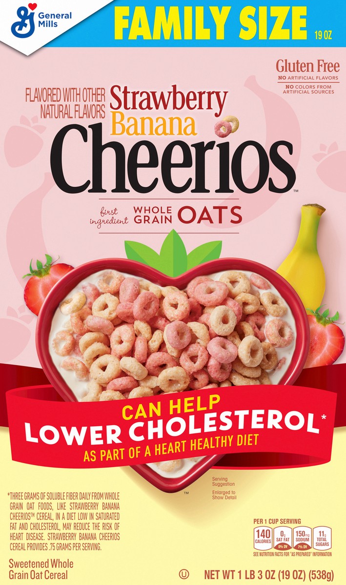 slide 3 of 13, Cheerios Strawberry Banana Cheerios, Heart Healthy Gluten Free Breakfast Cereal, Made with Whole Grain Oats, Family Size, 19 oz, 19 oz