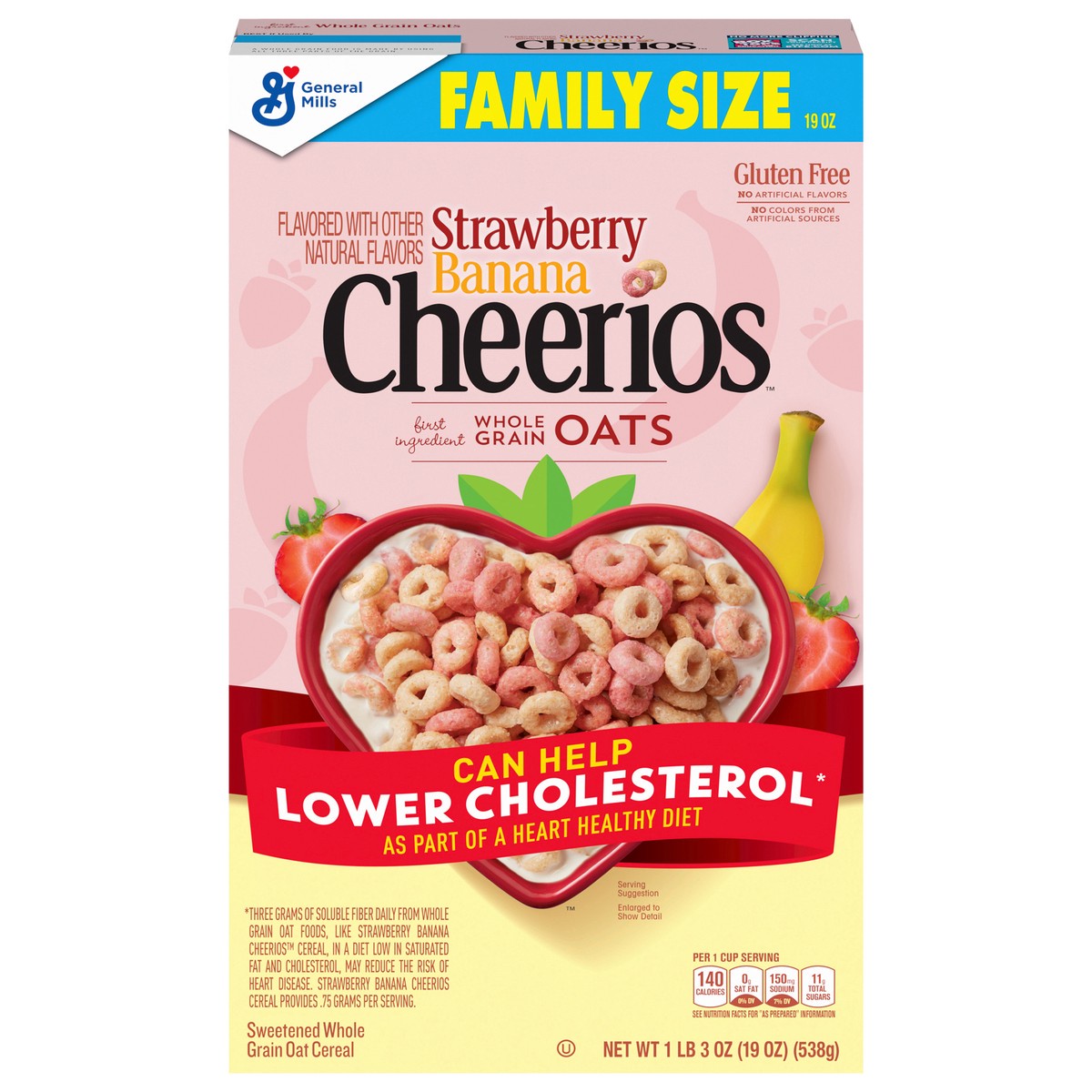 slide 4 of 13, Cheerios Strawberry Banana Cheerios, Heart Healthy Gluten Free Breakfast Cereal, Made with Whole Grain Oats, Family Size, 19 oz, 19 oz