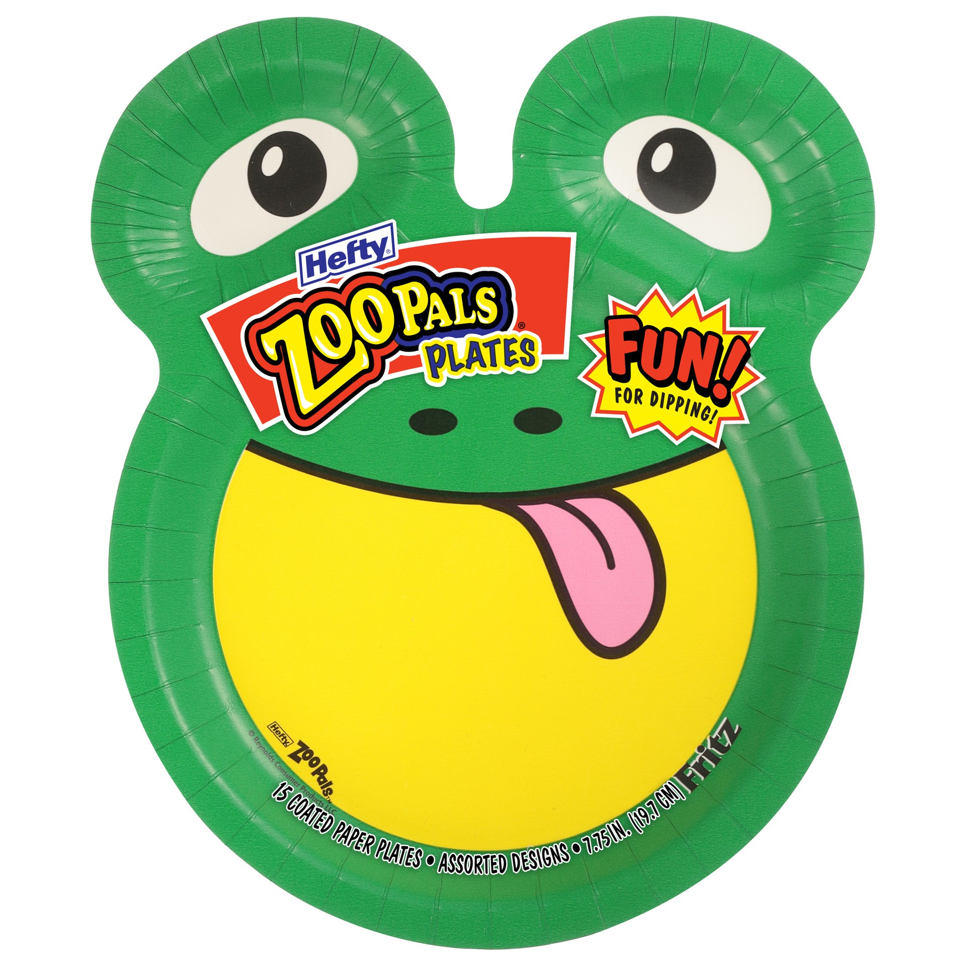 slide 1 of 9, Hefty Zoo Pals Paper Plates for Kids, Assorted Animal Designs with Two Dipping Compartments, Multi-Color, 7.75 inches, 15 count, 0.37 lb