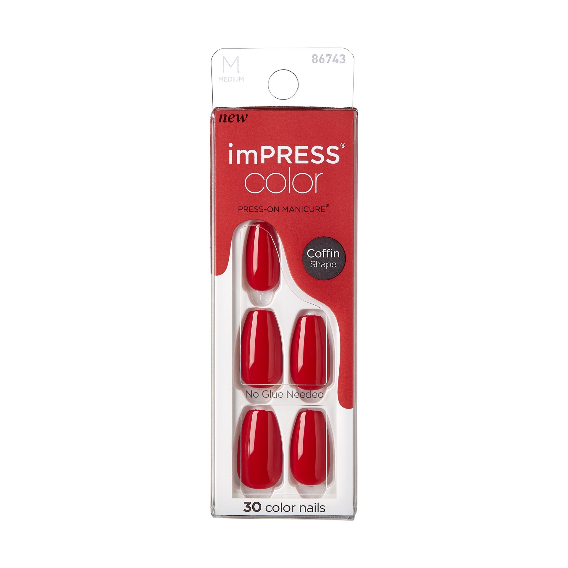 slide 1 of 5, imPRESS KISS imPRESS Color Medium Coffin Press-On Nails, ‘Reddy or Not'', 30 Count, 1 ct