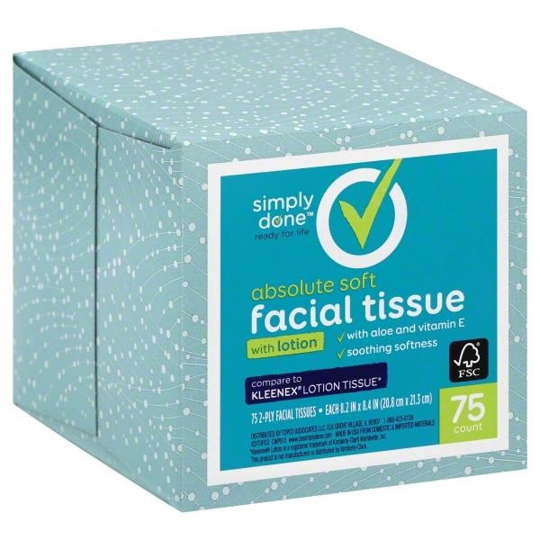 slide 1 of 7, Simply Done Absolute Soft Facial Tissue With Lotion 2-Ply, 75 ct