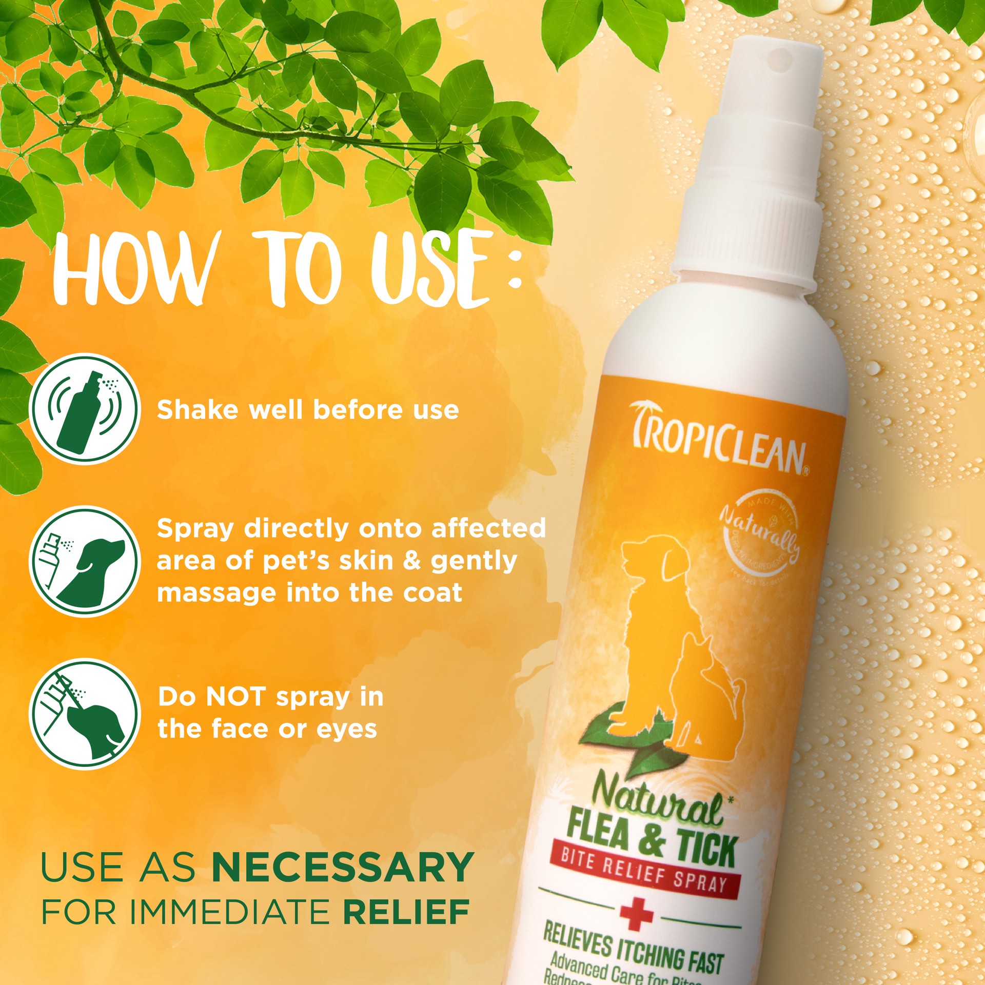 slide 6 of 10, TropiClean Natural* Flea & Tick Bite Relief Spray for Pets, 8oz, 1 ct