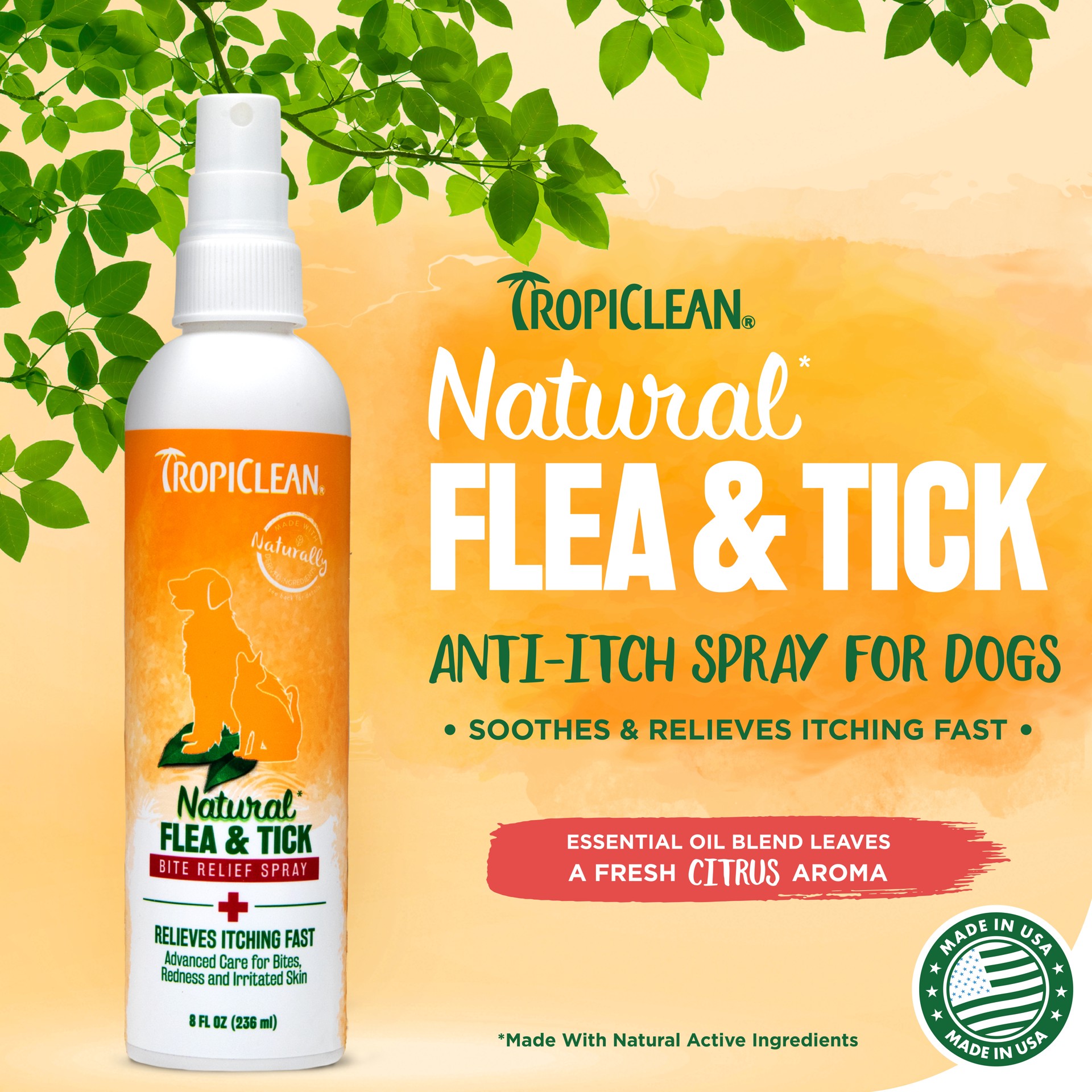 slide 8 of 10, TropiClean Natural* Flea & Tick Bite Relief Spray for Pets, 8oz, 1 ct