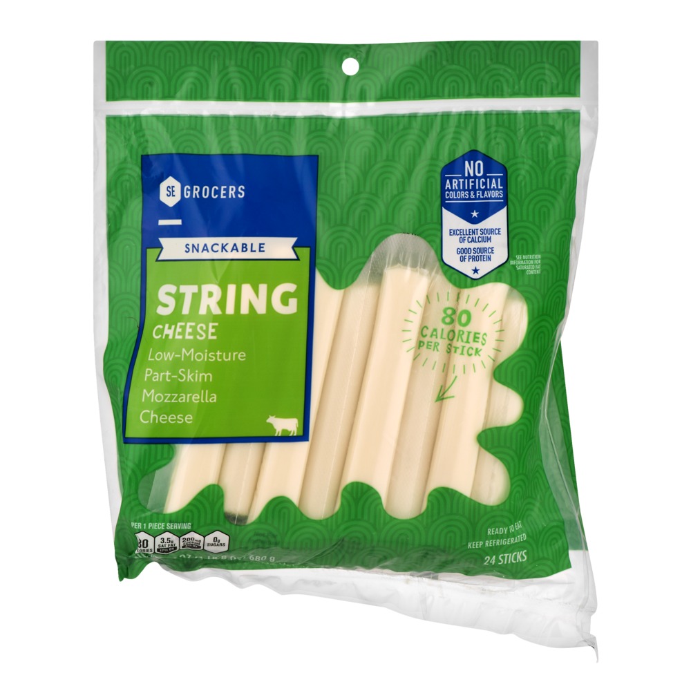 slide 1 of 1, SE Grocers Snackable String Cheese Low-Moisture Part-Skim Mozzarella Cheese, 24 ct; 24 oz