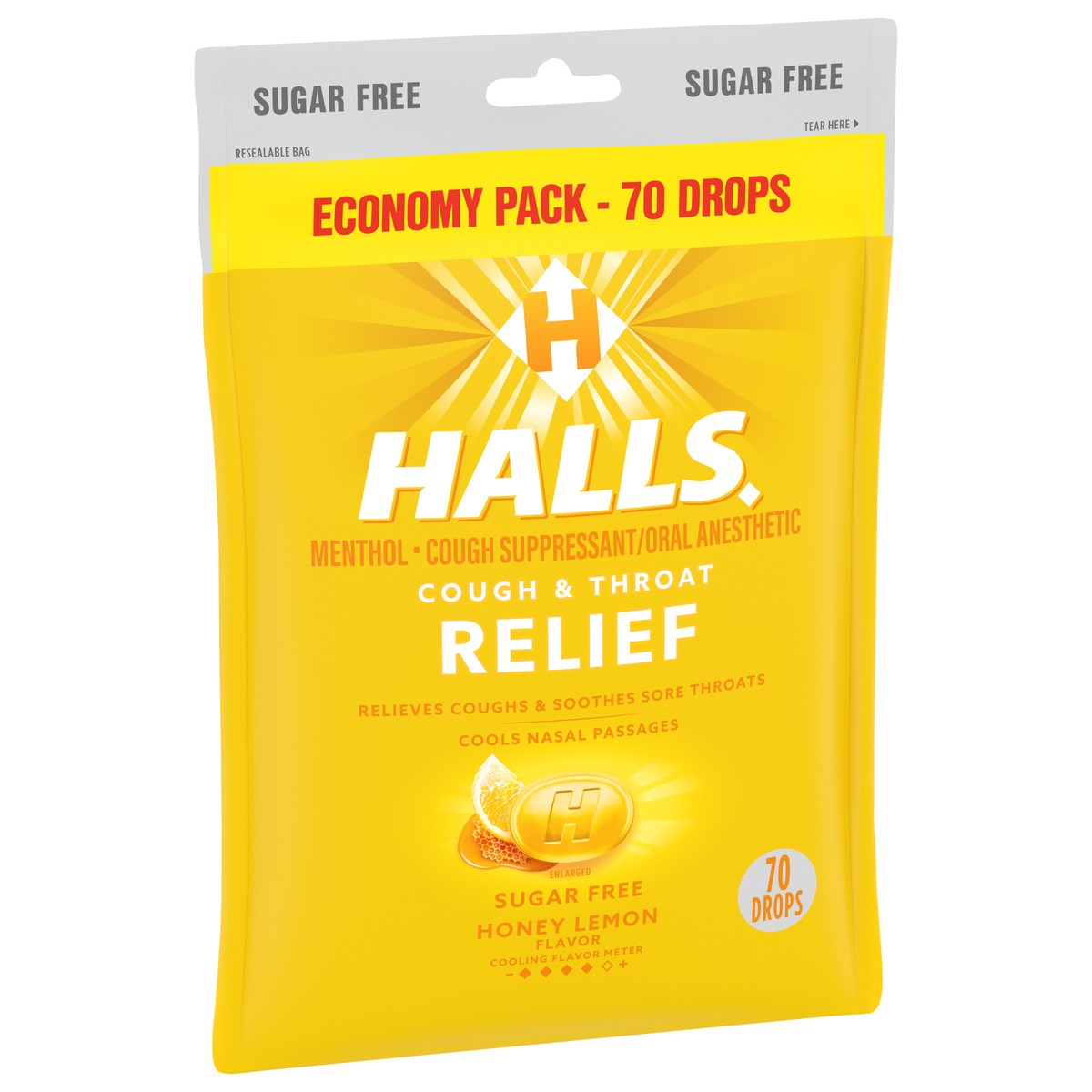 slide 2 of 8, HALLS Relief Honey Lemon Sugar Free Cough Drops, Economy Pack, 70 Drops, 7.66 oz