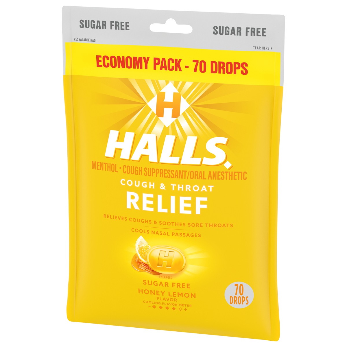 slide 3 of 8, HALLS Relief Honey Lemon Sugar Free Cough Drops, Economy Pack, 70 Drops, 7.66 oz