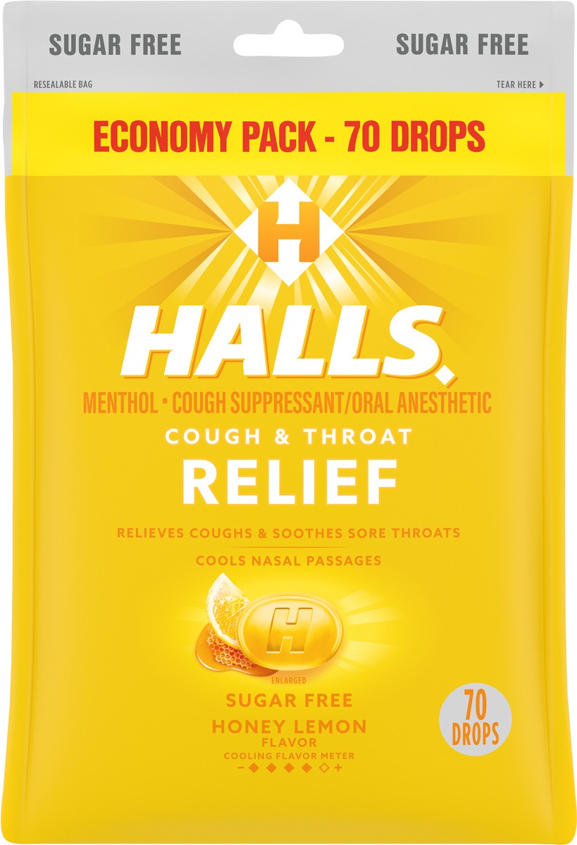 slide 6 of 8, HALLS Relief Honey Lemon Sugar Free Cough Drops, Economy Pack, 70 Drops, 7.66 oz