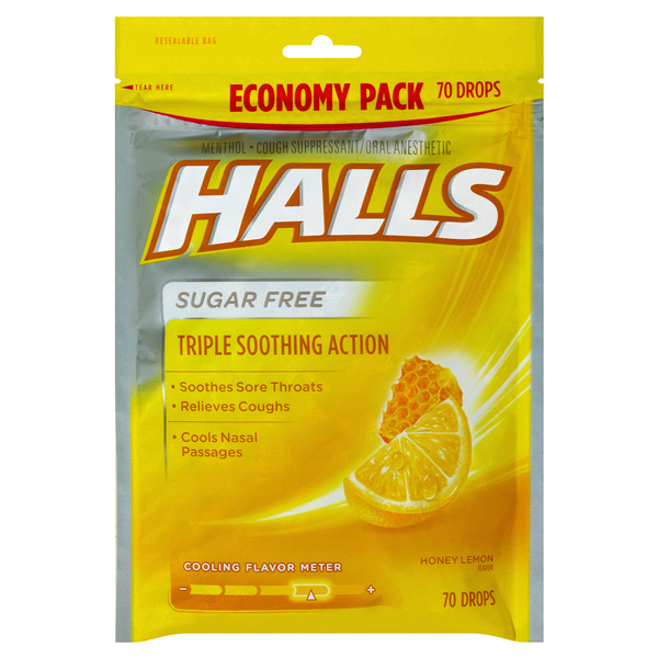 slide 1 of 5, Halls Sugar-Free Cough Drops - Honey Lemon, 70 ct