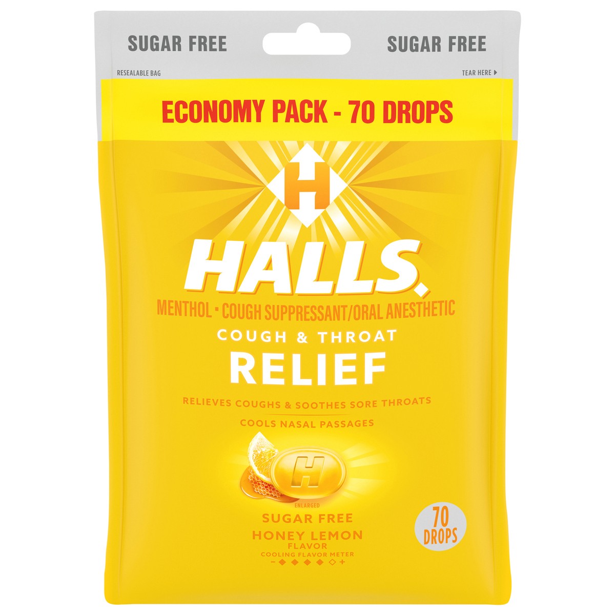 slide 1 of 8, HALLS Relief Honey Lemon Sugar Free Cough Drops, Economy Pack, 70 Drops, 70 ct