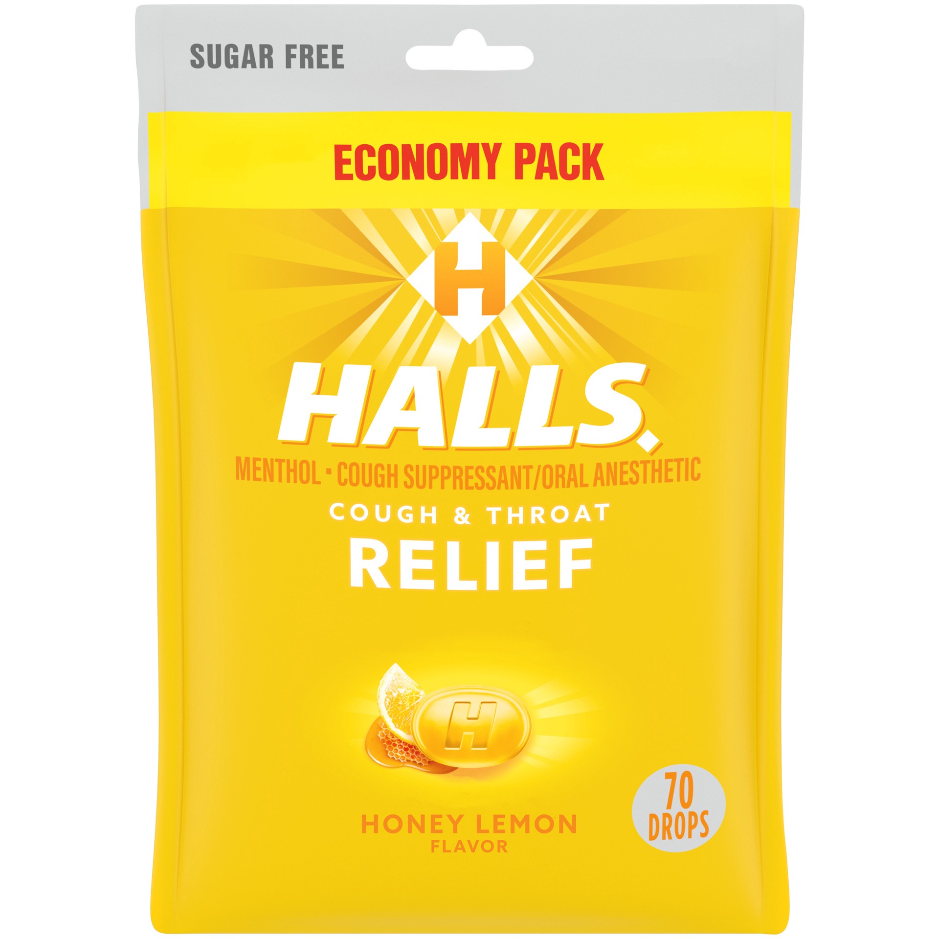 slide 1 of 8, HALLS Relief Honey Lemon Sugar Free Cough Drops, Economy Pack, 70 Drops, 7.66 oz