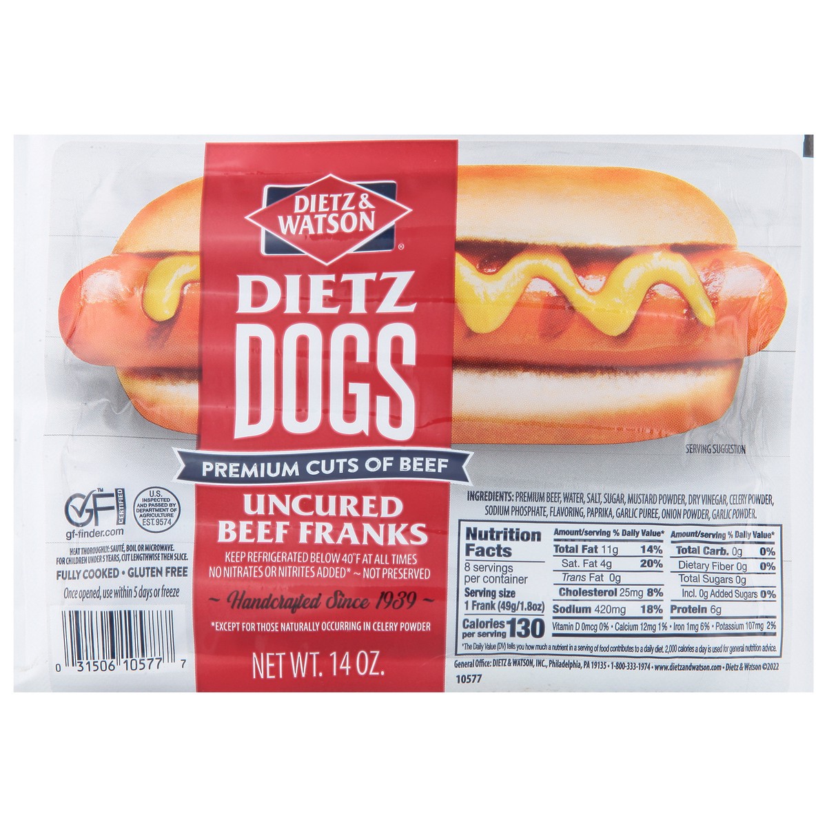 slide 1 of 9, Dietz & Watson Dietz Dogs Uncured Beef Franks 14 oz, 14 oz