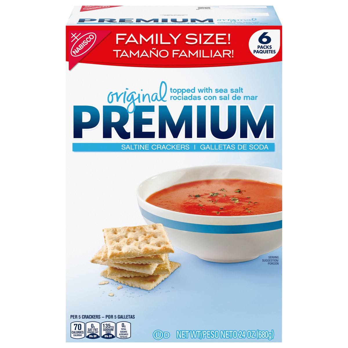 slide 1 of 9, Premium Original Saltine Crackers, Lunch Snacks, Family Size, 24 oz, 6 ct