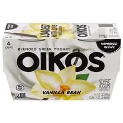 Oikos Blended Greek Nonfat Yogurt, Vanilla Bean, 5.3 oz. 4 Pack