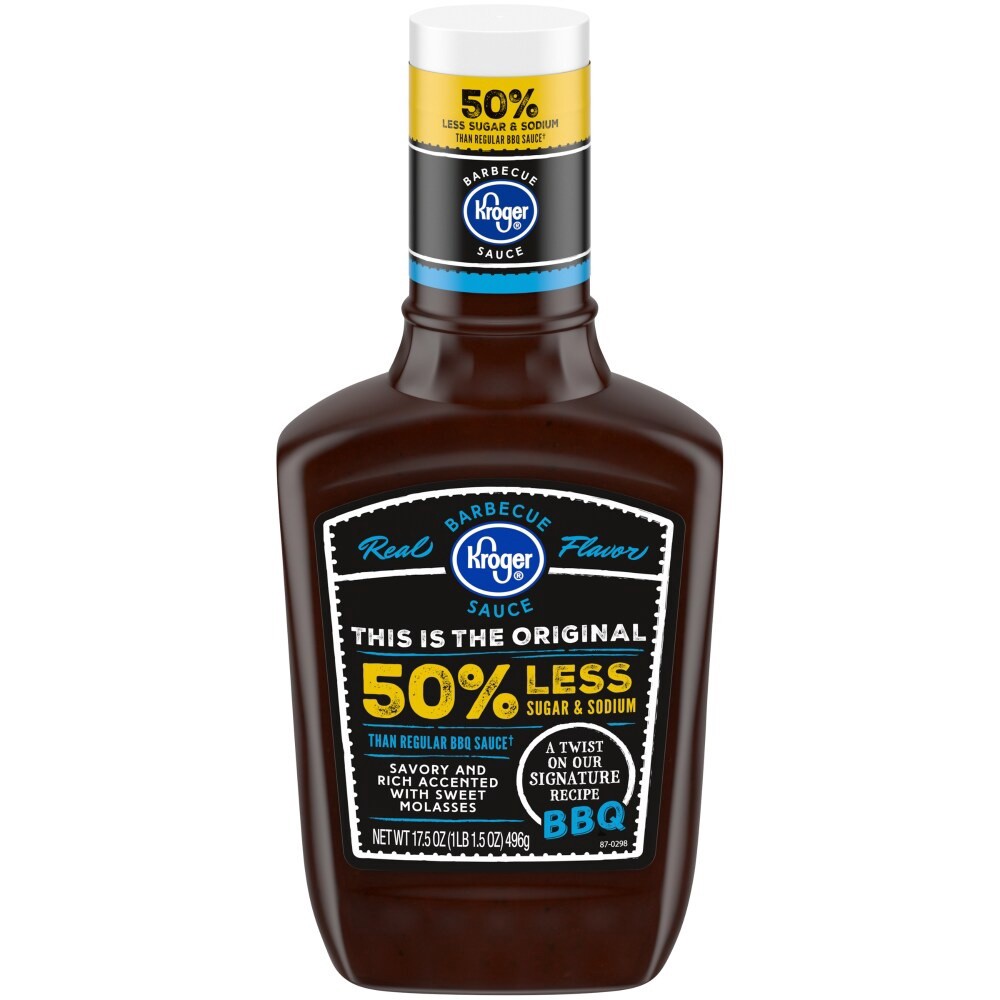 slide 2 of 3, Kroger 50% Less Sugar & Sodium Barbecue Sauce, 18 oz